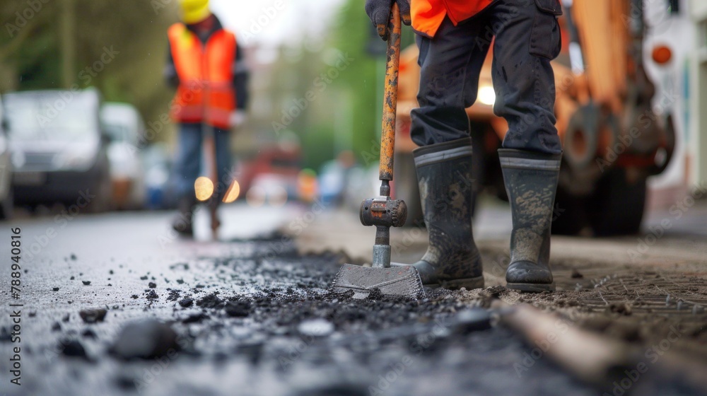 Workers with drills during road repair work Workers with drills during road repair work