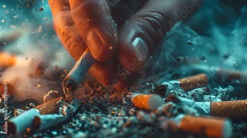 hand crushing cigarettes, no tobacco anti drug day concept, smoking unhealthy photo