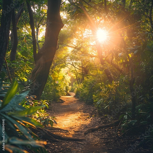 A sun-drenched path invites a peaceful walk through a lush forest  with rays of light piercing the leafy canopy overhead.