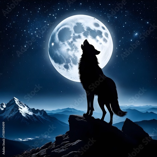 silhoutte wolf howling at the moon on top of mountain