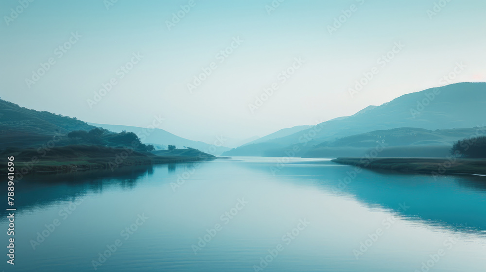 Serene river flowing through a minimalist landscape with gentle hills and a clear sky Serene river flowing through a minimalist landscape with gentle hills and a clear sky