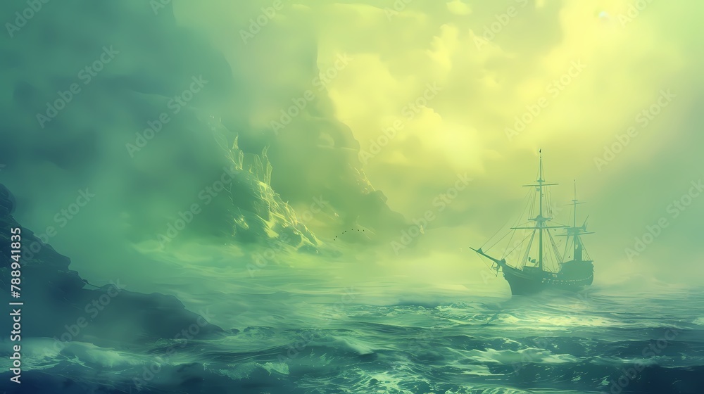 Green and yellow floating ocean and boat illustration poster background