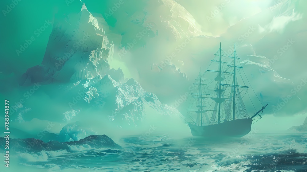 Obraz premium Green and yellow floating ocean and boat illustration poster background