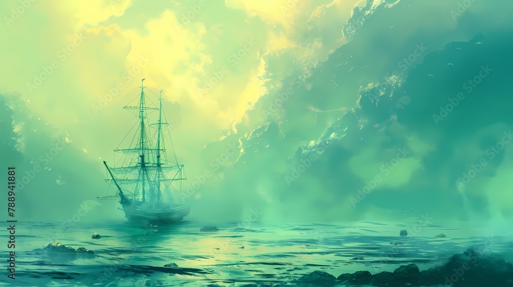 Green and yellow floating ocean and boat illustration poster background