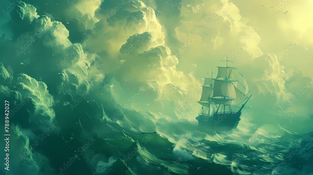 Green and yellow floating ocean and boat illustration poster background Green and yellow floating ocean and boat illustration poster background
