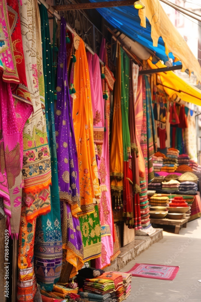A colorful Indian marketplace filled with vibrant fabrics, aromatic spices, and intricate handicrafts, bustling with the sights and sounds of daily life, Generative AI