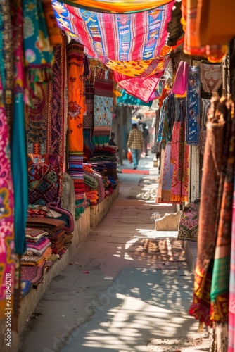 A colorful Indian marketplace filled with vibrant fabrics, aromatic spices, and intricate handicrafts, bustling with the sights and sounds of daily life, Generative AI