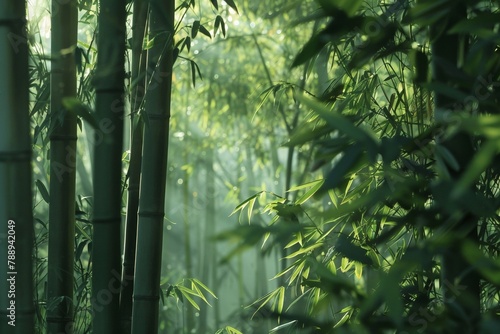 A tranquil bamboo forest with towering trunks swaying in the breeze.