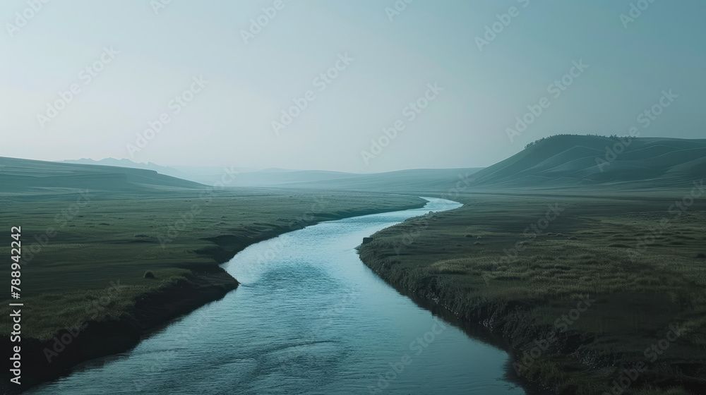 Serene river flowing through a minimalist landscape with gentle hills and a clear sky Serene river flowing through a minimalist landscape with gentle hills and a clear sky