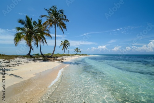 Serene beach scenery with golden sand. Crystal clear sea water and palm trees swaying in the breeze