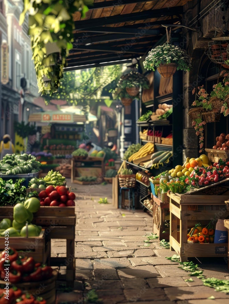 Vibrant local market alley brimming with fresh produce and dynamic colors
