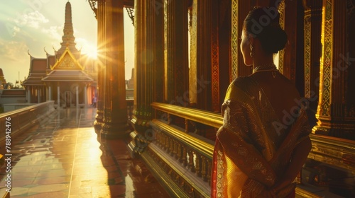 Sunset view of a Thai royal consort in traditional silk dress gazing at temple architecture photo