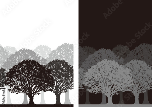 Vector Monochrome Daytime And Night Time Seamless Forest Silhouette Background Illustration Set With Text Space. Horizontally Repeatable.