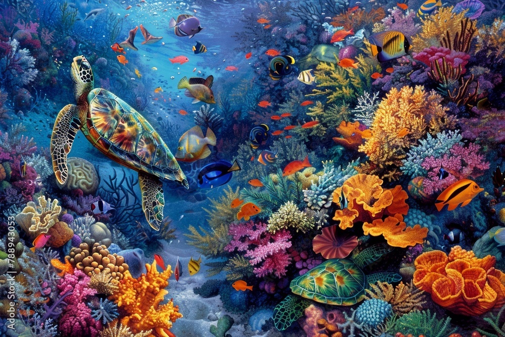 A vibrant reef ecosystem with colorful corals, sea turtles, and fish