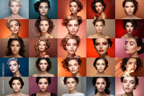 Wallpaper Mural vibrant collage showcases stunning European model women posing gracefully against a vivid monochromatic backdrop, each adorned with flawless makeup. Torontodigital.ca