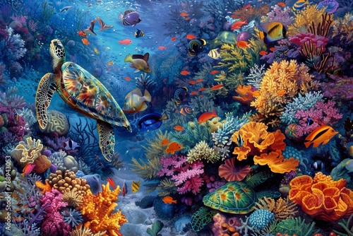 A vibrant reef ecosystem with colorful corals, sea turtles, and fish