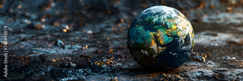 earths climate change background,Globe and plants on flower garden on black background photo