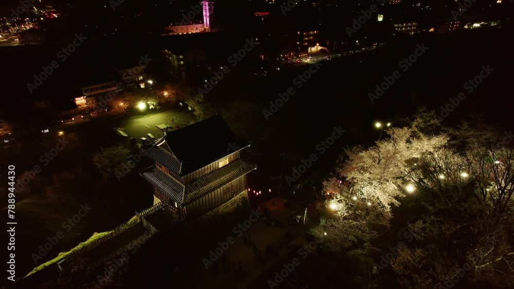 Elevated night view of a castle turret with spotlighted cherry trees, against a city backdrop. Elevated night view of a castle turret with spotlighted cherry trees, against a city backdrop.