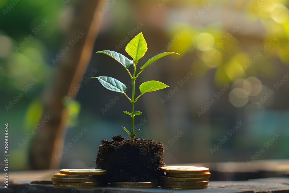 A tree growing out of a pile of coins, ESG concept of environmental social and government wealth, life, plants, growth A tree growing out of a pile of coins, ESG concept of environmental social and government wealth, life, plants, growth