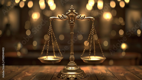 a golden scale of justice on the table against blurred background. symbolizing law and judgment