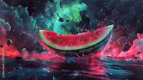 Watermelon splashing slice green light cinematic copy space 