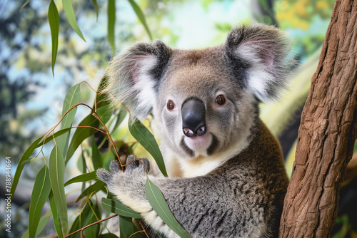 Portrait of koala bear on tree. Cute animal in nature photo