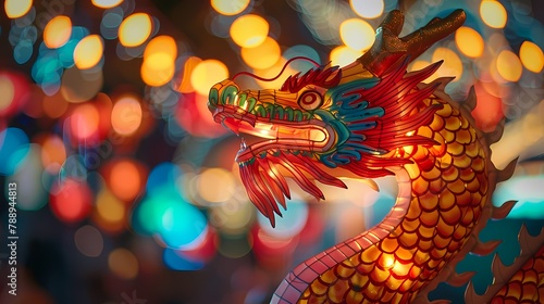 a colorful chinese dragon-shaped lantern glowing effect poster background © jinzhen