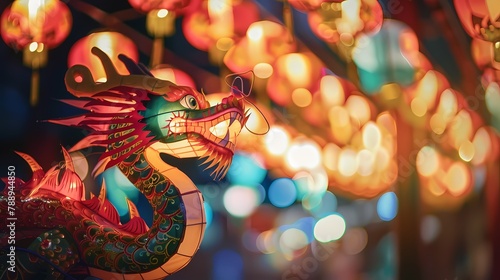 a colorful chinese dragon-shaped lantern glowing effect poster background © jinzhen