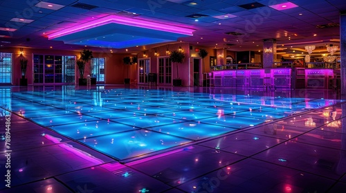 Glowing neon lights illuminate the party venue  casting a vibrant glow on the dance floor