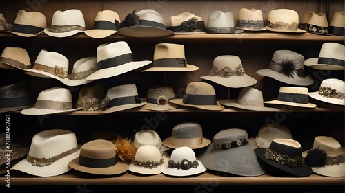 A collection of vintage hats arranged on a shelf, each one adorned with intricate details and embellishment