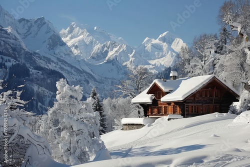 A charming Swiss chalet nestled in the snow-capped Alps, with panoramic views of majestic peaks and cozy interiors warmed by crackling fireplaces, Generative AI © ManusiaIkan