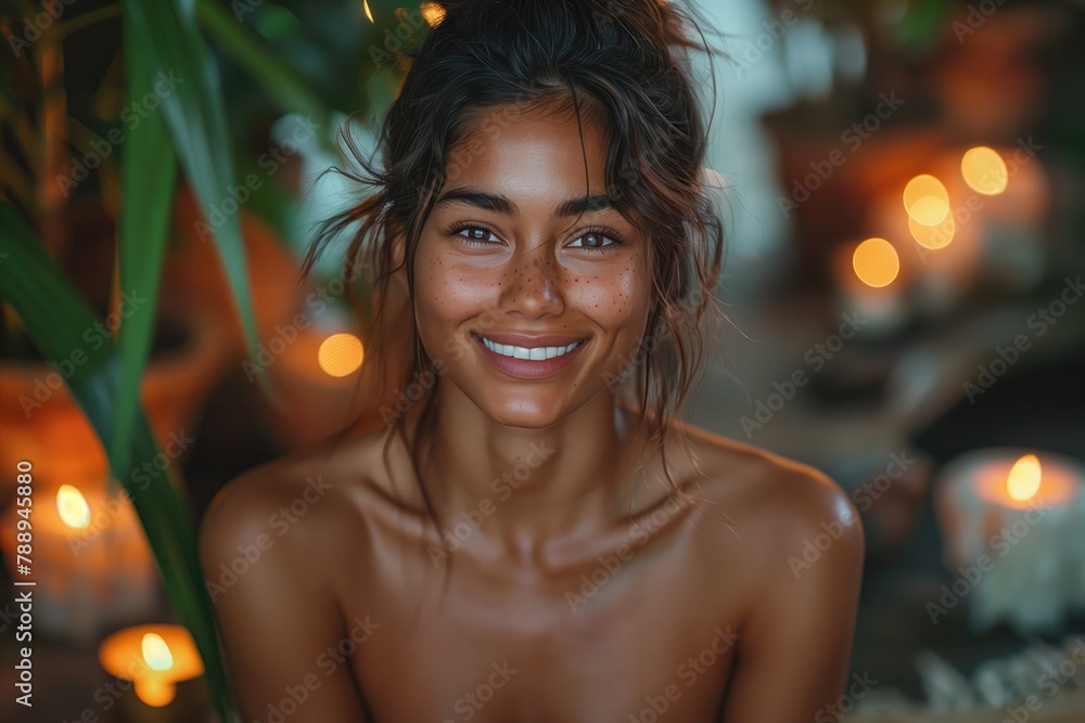 With a content smile on her face, a young woman is captured in a serene moment of relaxation, enjoying a soothing yoga session in the comfort of her own home, surrounded by lush green plants With a content smile on her face, a young woman is captured in a serene moment of relaxation, enjoying a soothing yoga session in the comfort of her own home, surrounded by lush green plants
