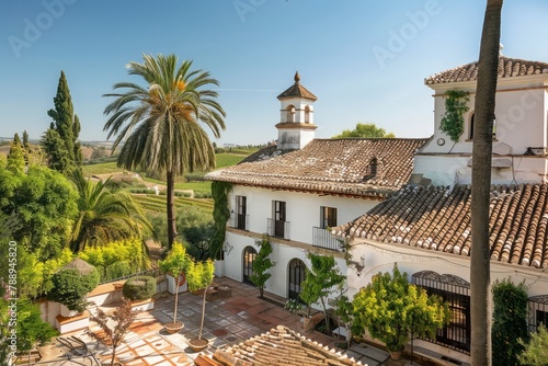 A historic Spanish hacienda surrounded by ancient olive groves and vineyards, with sun-drenched courtyards and terracotta-tiled rooftops, Generative AI photo