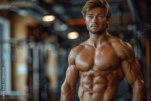 With a focused gaze and a flexed torso, the fitness model embodies the epitome of peak physical fitness, motivating others to pursue their fitness goals with determination