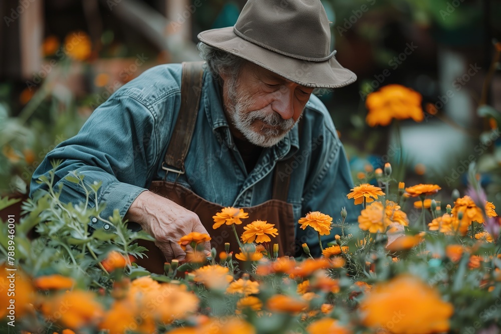 In a tranquil corner of the backyard, a man is seen peacefully engrossed in gardening, tenderly caring for his plants and flowers, finding solace and rejuvenation amidst the beauty of nature In a tranquil corner of the backyard, a man is seen peacefully engrossed in gardening, tenderly caring for his plants and flowers, finding solace and rejuvenation amidst the beauty of nature