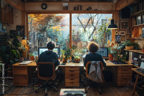 In the soft glow of natural light filtering through their window  a couple sits side by side at their home office desk  immersed in their work