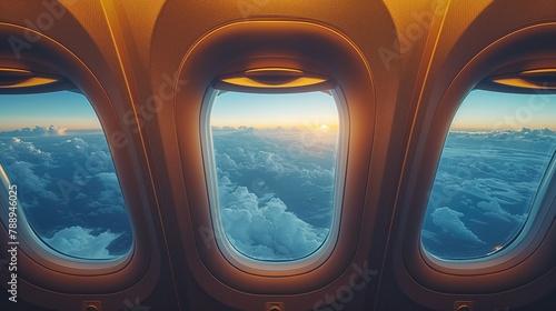 Inside the aircraft, the woman stows her luggage in the overhead compartment before taking her seat by the window, eager to enjoy the view during the flight photo