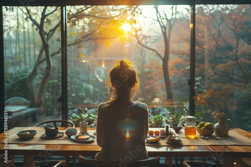 a woman sits at a beautifully set dining table, savoring a wholesome meal alone, natural light filtering through a large window
 photo