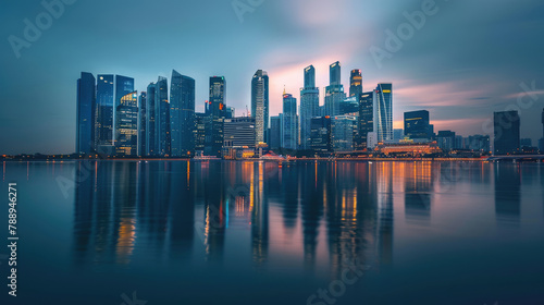 Modern cityscape reflected in the calm waters at twilight © boxstock production