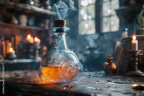 Mystic Alchemical Elixir with Smoke and Candlelight in Moody Occult Atmosphere