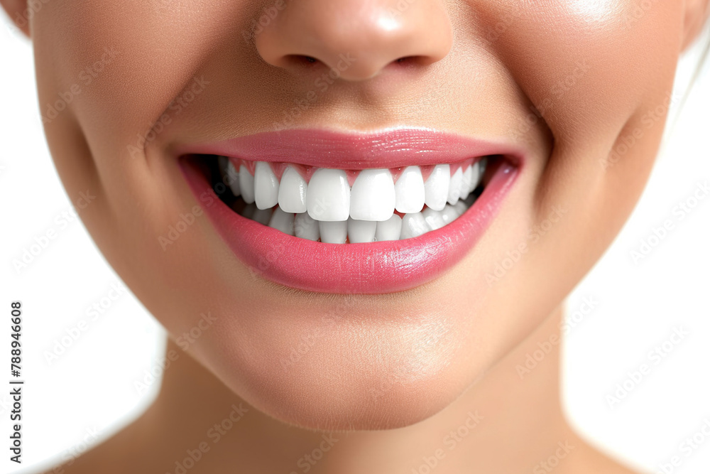 Obraz premium Woman perfect mouth. Smile with white healthy teeth on white background.