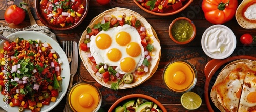 Assorted vibrant Mexican breakfast dishes spread out on a table
