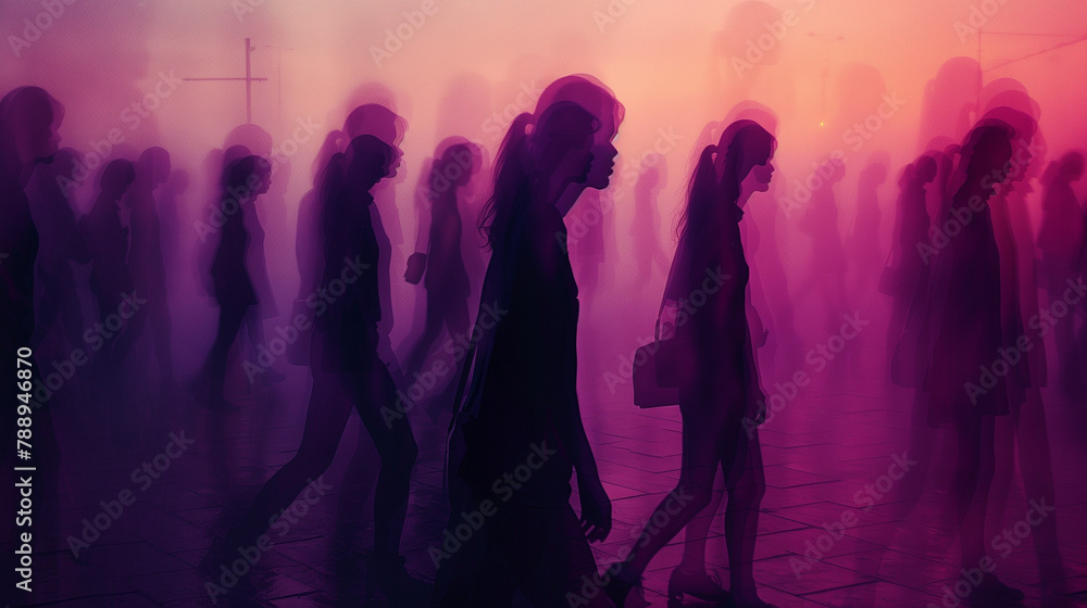 Crowd of people on the street, morning rush hour in the city on weekdays. Silhouettes visible, pedestrians in the city center. people crowd walking commuting in the city, lights and motion blur. 