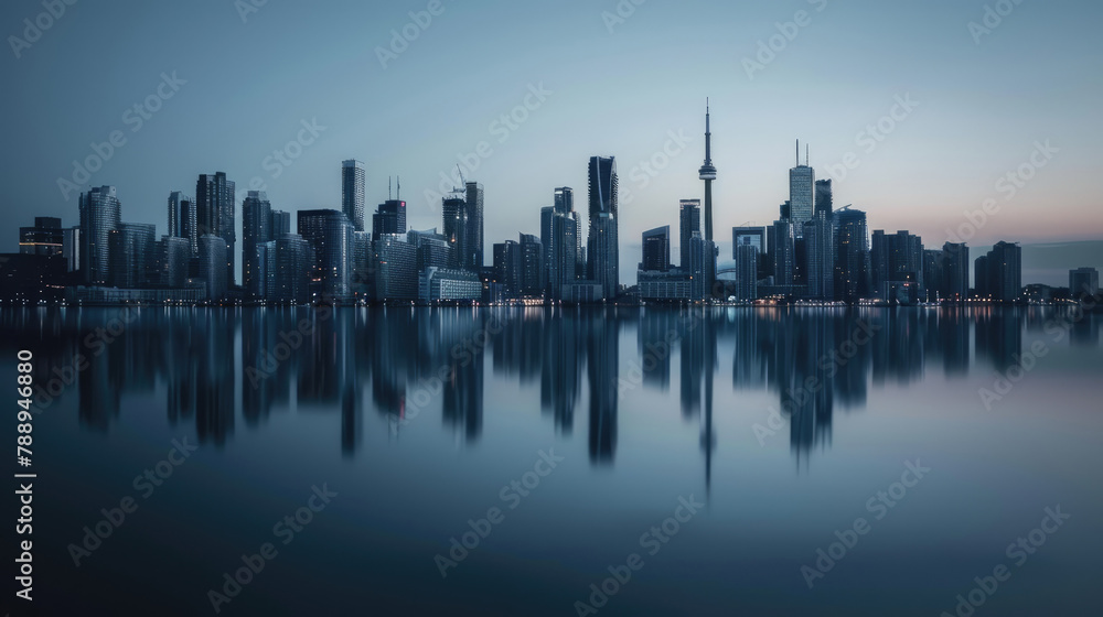 Modern cityscape reflected in the calm waters at twilight