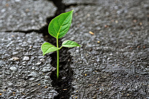 A lone sapling emerges from cracked earth, symbolizing hope and resilience amidst adversity.