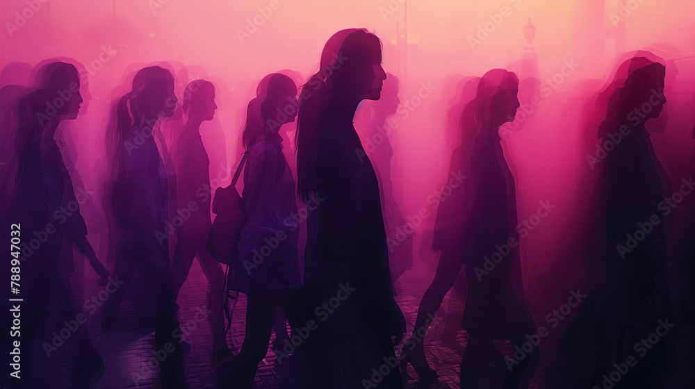 Crowd of people on the street, morning rush hour in the city on weekdays. Silhouettes visible, pedestrians in the city center. people crowd walking commuting in the city, lights and motion blur. 