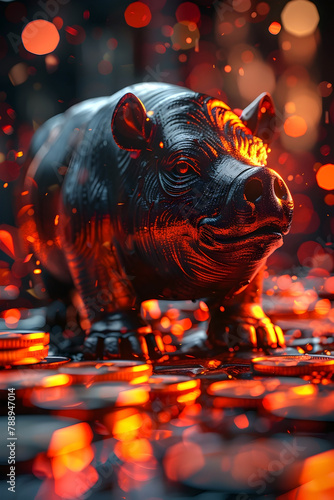 Powerful Rhino Surrounded by Vibrant Rainforest Shadows in Digital