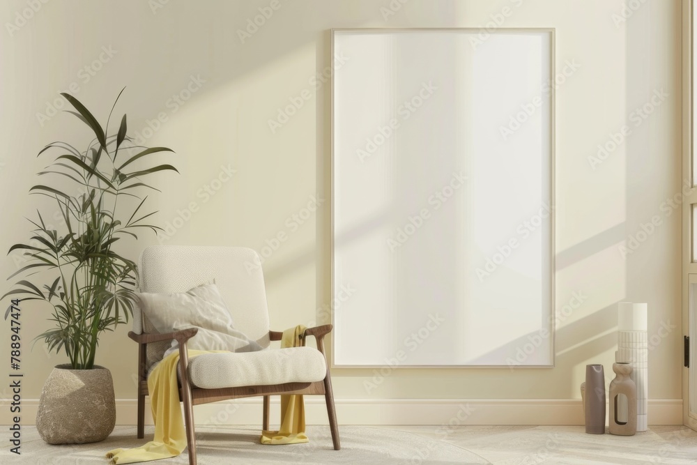 Fototapeta premium Scandinavian style living room with poster mockup created with generative ai