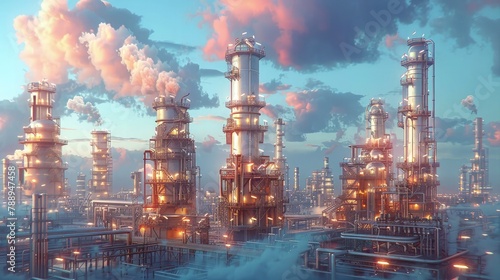 Refinery Plant. Industrial Complex of Oil Refinery Facilities, Processing Crude Oil into Refined Products.