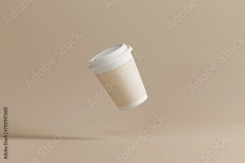 white paper coffee cup floating in the air on a beige background. mockup template for design